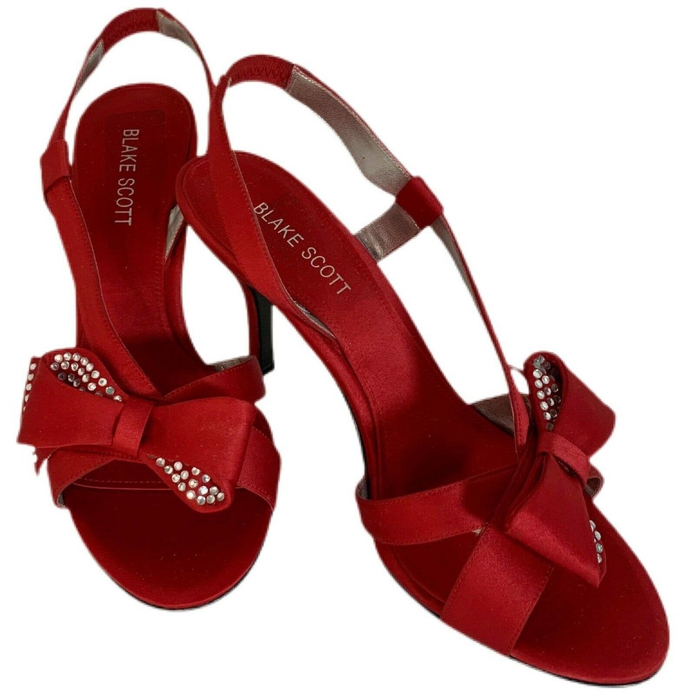 Women's Blake Scott Size 7M Red Clarissa Strappy Heels Open Toe Bow Rhinestone